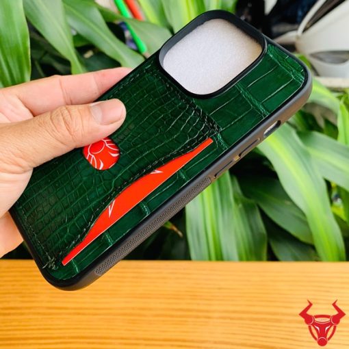 Ốp handmade iPhone 14 Pro da thật màu xanh VR360