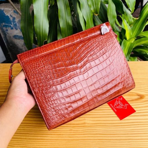 Clutch nam da cá sấu màu nâu đỏ 1 khuôn nguyên thụt – mã CKA8.