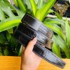Thắt lưng cá sấu đen may viền FAA9B2 mặt khóa ray trượt.