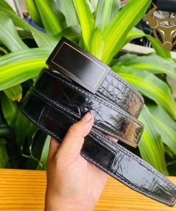 Thắt lưng cá sấu đen may viền FAA9B2 mặt khóa ray trượt.