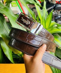Thắt lưng FBA9B2 da cá sấu nâu đất may viền, khóa bạc.