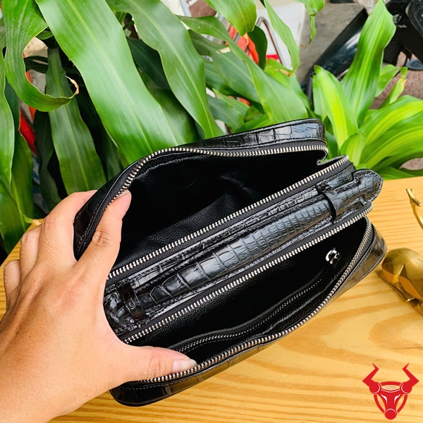 Túi Clutch Xách Tay Nam Da Cá Sấu Đen Bóng Lịch Lãm Túi xách tay golf doanh nhân CJA8 từ da cá sấu thật.