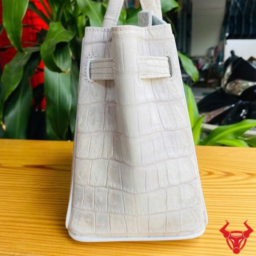 Hình ảnh túi TCA8, da cá sấu bạch tạng cao cấp, khóa kim loại quyền lực.