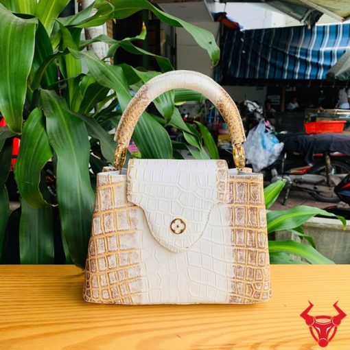 Hình ảnh túi xách nữ da cá sấu bạch tạng nhũ vàng, đặt trên bàn gỗ với nền cây xanh và chợ, thể hiện sự sang trọng.
