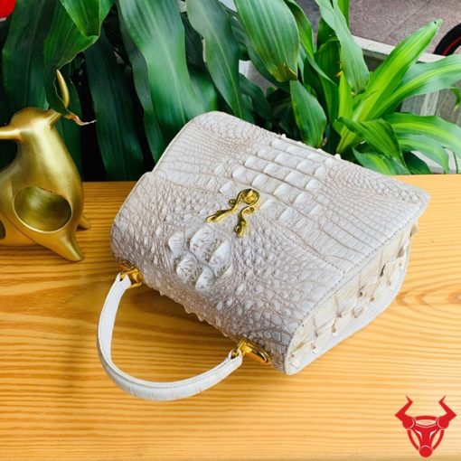 Hình ảnh túi HM-1A4, da cá sấu bạch tạng quý tộc, khóa vàng tinh tế.