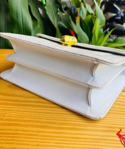 Hình ảnh túi xách da cá sấu bạch tạng HM-16, quai vàng rắn, đặt trên bàn gỗ, nổi bật với phong cách sang trọng.
