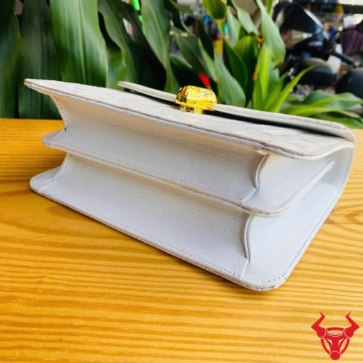 Hình ảnh túi xách da cá sấu bạch tạng HM-16, quai vàng rắn, đặt trên bàn gỗ, nổi bật với phong cách sang trọng.