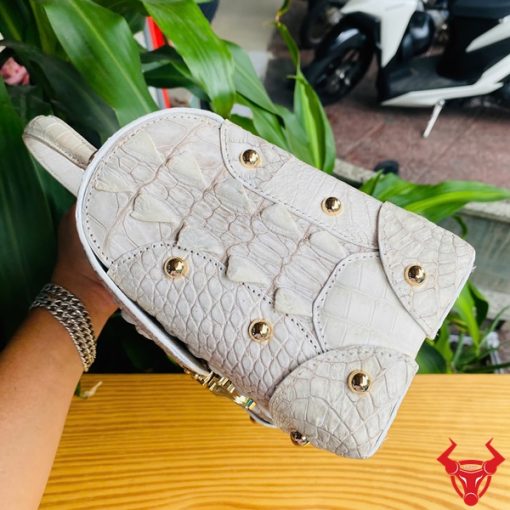 Hình ảnh túi MS05, da cá sấu bạch tạng đẳng cấp, khóa vàng nổi bật.
