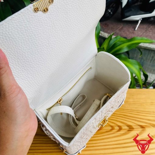 Hình ảnh túi MS05, da cá sấu bạch tạng sang trọng, khóa vàng lấp lánh.