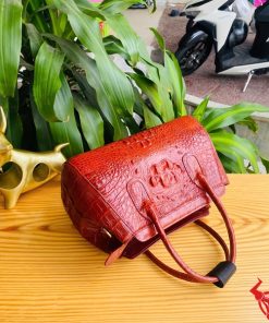 Hình ảnh túi HM-9, da cá sấu nâu đỏ sang trọng, xách và đeo chéo.