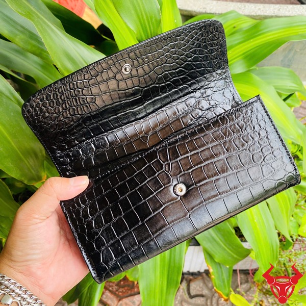 Ví Da Cá Sấu BLAA8 Ba Gấp Đen Tối Giản Thời Trang Ví cao cấp BLAA8 da bụng cá sấu ba gấp đen bóng