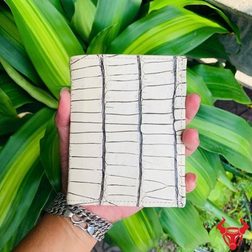 Tay nam cầm ví da cá sấu trắng viền đen nổi bật giữa nền lá xanh.