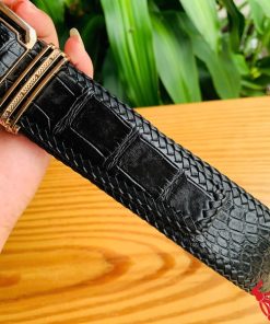 Thắt lưng đan viền da cá sấu đen cao cấp thủ công