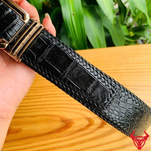 Thắt lưng đan viền da cá sấu đen cao cấp thủ công