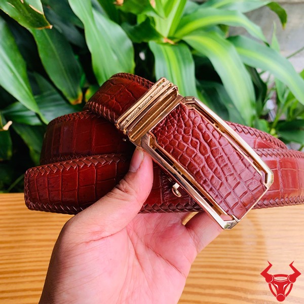 Thắt lưng nam đan viền da cá sấu thật sang trọng Thắt lưng cá sấu thủ công bản 4cm màu nâu đỏ TMA9B4