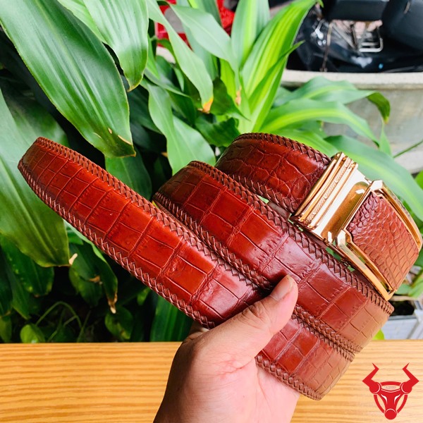 Phụ kiện thời trang nam từ da cá sấu đẳng cấp Thắt lưng da cá sấu nâu đỏ đan viền nam cao cấp