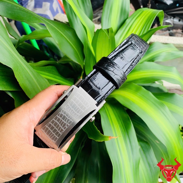 Thắt Lưng Cao Cấp TSK32 Đẳng Cấp Hình ảnh thắt lưng TSK32 màu đen, da cá sấu sang trọng, mặt khóa lăn inox, cầm trên tay với nền cây xanh và mô tô.
