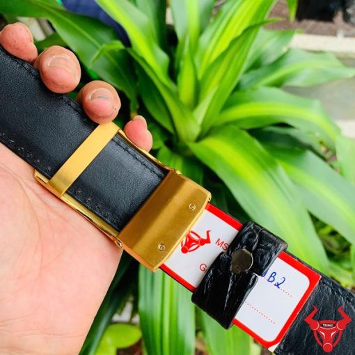 Hình ảnh thắt lưng TSK33 màu đen, da cá sấu sang trọng, khóa tỳ thép vàng, cầm trên tay với cây xanh phía sau.
