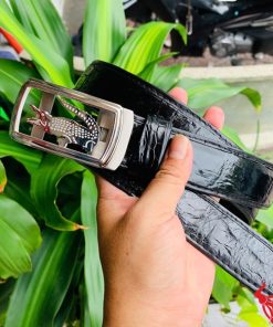 Hình ảnh thắt lưng TSK73 màu đen, da cá sấu sang trọng, mặt khóa ray trượt inox, cầm trên tay với nền cây xanh và mô tô.