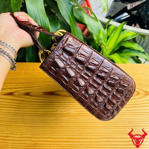 Hình ảnh túi xách TDA4 màu nâu đất, da cá sấu cao cấp, khóa vàng nổi bật, đặt trên bàn gỗ với cây xanh phía sau.